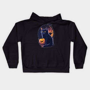 Halloween Black Cat with Pumpkin - Retro Meowloween Kids Hoodie